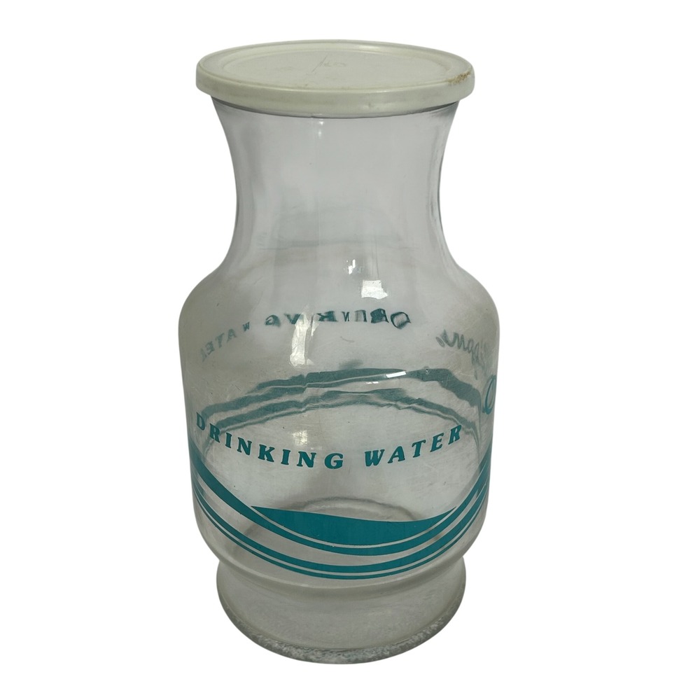Vintage Culligan‎ Glass Water Carafe Bottle w/ Lid Teal Logo 1970s